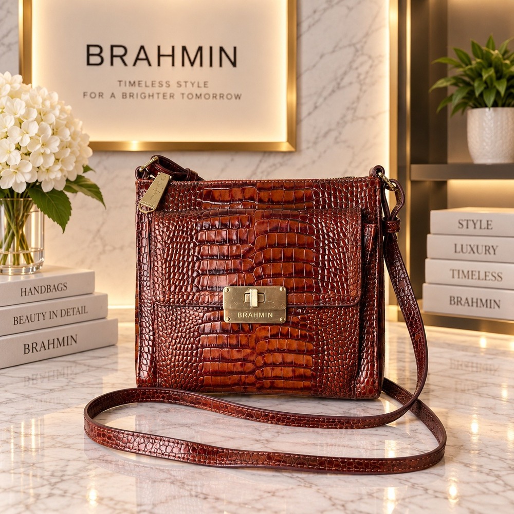 Brahmin Brown Croc Embossed Leather Crossbody Bag Gold Hardware Square Messenger